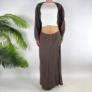 Vintage 90s Brown Crepe Earthy Bohemian Cottagecore Cardigan Maxi Skirt Set / S